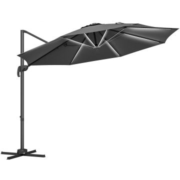 Outsunny Umbrelă de Soare Exterioară cu Lumini LED și Unghi Reglabil, Umbrelă de Grădină din Aluminiu și Poliester, Ø3x2.5 m, Gri | Aosom Romania