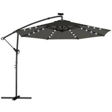 Outsunny Umbrelă cu braț lateral LED solar aprox. Ø300 cm, rotativă, cu manivelă, suport și husă, Gri închis | Aosom Romania
