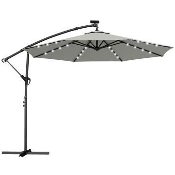 Outsunny Umbrelă cu braț lateral LED Solar aprox. Ø300 cm Rotativă Umbrelă de soare cu manivelă Suport Husă de protecție Gri deschis | Aosom Romania