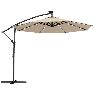 Outsunny Umbrelă cu braț lateral LED Solar cca. Ø300 cm Rotativă Umbrelă cu manivelă Suport Husă de protecție Bej | Aosom Romania