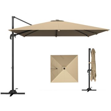 Outsunny Umbrelă cu stâlp lateral pătrată 3 x 3 m, umbrelă de grădină pentru exterior, rotire 360°, înclinabilă 5 poziții, bază în cruce, kaki | Aosom Romania