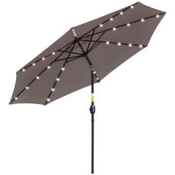 Outsunny Umbrelă de Grădină Inclinabilă Ø265 cm cu 32 Lumini LED Solare și Manivelă, Umbrelă de Exterior cu 8 Spițe, din Oțel și Poliester, pentru Patio, Curte, Balcon, Terasă, Gri | Aosom Romania