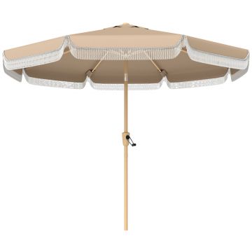 Outsunny Umbrelă de grădină pentru exterior 266 cm, umbrelă înclinabilă, franjuri, manivelă, 8 nervuri, țesătură poliester 180 g/m², kaki | Aosom Romania