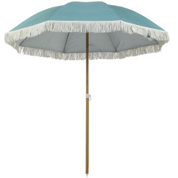 Outsunny Umbrelă de plajă mâner efect lemn Ø 1,7 m, umbrelă mare cu ciucuri înălțime reglabilă, UPF50+ sac de transport, bleu deschis | Aosom Romania