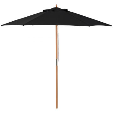 Outsunny Umbrelă de soare Ø 250 cm, umbrelă de balcon cu mecanism de tragere cu sfoară, umbrelă de plajă din bambus rezistent la vânt, umbrelă de piață pentru balcon terasă grădină, Negru | Aosom Romania