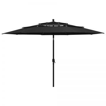 Umbrelă grădină cu 3 niveluri, stâlp aluminiu, negru, 3,5 m