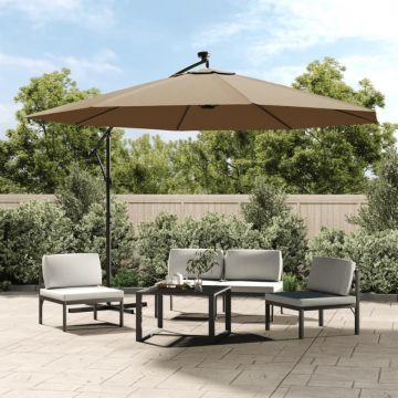 Umbrelă în consolă cu LED-uri și stâlp metalic, taupe, 350 cm